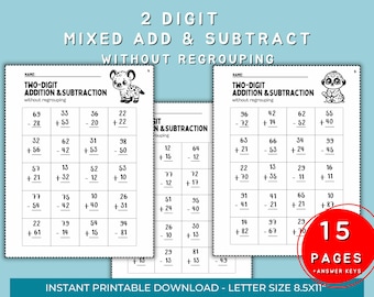 Two Digit Mixed Addition and Subtraction without Regrouping Worksheets,Homeschool Math Activities,1st grade to 3rd grade math