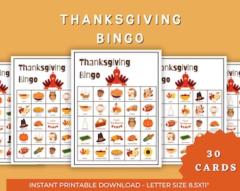 May include: A set of 30 printable Thanksgiving bingo cards featuring images of traditional Thanksgiving foods, decorations, and symbols. The cards are designed for letter size paper, measuring 8.5x11 inches.