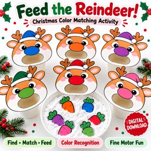May include: A Christmas color matching activity featuring five reindeer cutouts with blue, orange, purple, green, and pink noses and hats. A bowl contains matching colored carrot cutouts in white filler. Text reads Feed the Reindeer!