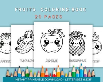 May include: A coloring book with 20 pages featuring cute cartoon fruits. The fruits include a blueberry, banana, apple, pineapple, and cherry. The book is designed for children and is perfect for coloring and learning about different fruits.