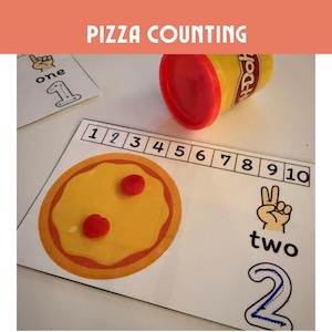 Könnte beinhalten: Eine weiße Lernkarte mit einer Pizza-Illustration, zwei roten Knetmasse-Kreisen, einem Zahlenstrahl von eins bis zehn, einem Handzeichen für zwei, dem Wort two und einer großen Ziffer zwei. Ein gelber Play-Doh-Behälter steht daneben.