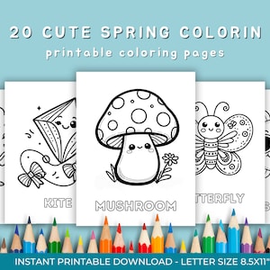 Könnte beinhalten: 20 Schwarz-Weiß-Malvorlagen zum Ausdrucken mit niedlichen Illustrationen zum Thema Frühling. Die Illustrationen beinhalten einen Baum, einen Drachen, einen Schmetterling, einen Pilz und eine Sonne.