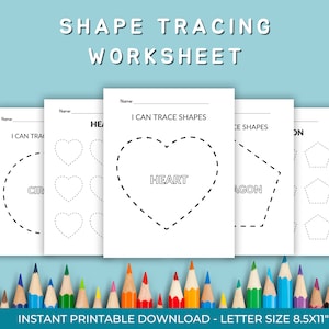 May include: A printable worksheet with a title "Shape Tracing Worksheet". The worksheet has six pages with different shapes to trace, including a circle, heart, and star. The worksheet is designed for children to practice their fine motor skills and learn about different shapes.