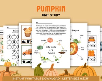 Pumpkin Unit Study, Educational Activities for Preschool, Science, Life Cycle, Anatomy, Homeschool, Montessori,Fall worksheet