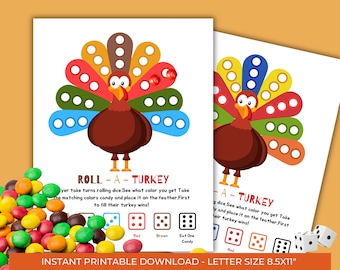 Roll-A-Turkey Game,Thanksgiving Kids Table Game,Printable Activity,Fun Family Game for Kids Adults Party Game,Rustic Fall Classroom Activity