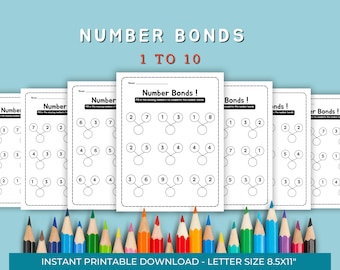 Number Bonds Math Worksheets, Numbers 1 to 10, First Grade, Homeschool, Math Activities, Kindergarten, Teacher Resource
