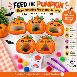 May include: A Feed the Pumpkin shape matching fine motor activity set featuring five orange pumpkin cutouts with different shaped mouths, a white cube die with shape labels, and purple plastic tweezers, surrounded by colorful fuzzy pom-poms.