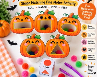 May include: A Feed the Pumpkin shape matching fine motor activity set featuring five orange pumpkin cutouts with different shaped mouths, a white cube die with shape labels, and purple plastic tweezers, surrounded by colorful fuzzy pom-poms.