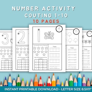 1-10 Number Worksheets, Math, Counting Digital Download, Preschool and Kindergarten worksheets, Learning Numbers, Handwriting Practice