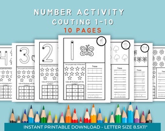 1-10 Number Worksheets, Math, Counting Digital Download, Preschool and Kindergarten worksheets, Learning Numbers, Handwriting Practice