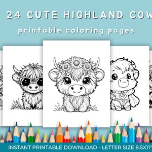 Puede incluir: 24 páginas para colorear imprimibles en blanco y negro con adorables vacas Highland en varias poses. Las vacas llevan accesorios como gafas de sol, flores y una capa de superhéroe. El texto "24 CUTE HIGHLAND COW printable coloring pages" y "INSTANT PRINTABLE DOWNLOAD - LETTER SIZE 8.5X11" está en la parte superior e inferior de la imagen.