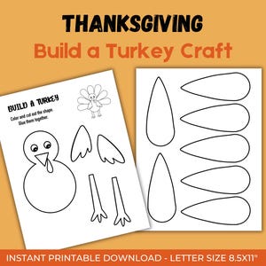 Könnte beinhalten: Ausdruckbarer Thanksgiving-Bastelbogen für Kinder. Baue einen Truthahn, indem du die Teile ausmalst, ausschneidest und zusammenklebst. Der Ausdruck enthält einen Truthahnkörper, Flügel, Beine und Federn.