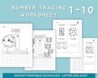 1-10 Number Tracing Worksheets, Digital Download, Preschool and Kindergarten worksheets, Learning Numbers, Handwriting Practice,coloring