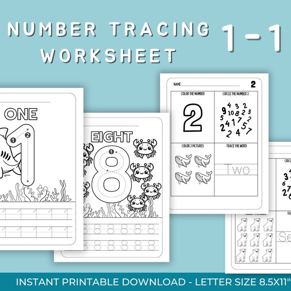 1-10 Number Tracing Worksheets, Digital Download, Preschool and Kindergarten worksheets, Learning Numbers, Handwriting Practice,coloring