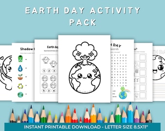 May include: A printable Earth Day activity pack with black and white illustrations of a cartoon Earth. The pack includes activities such as a shadow matching game, a counting game, a word search, a connect the dots, and a coloring page. The text "Earth Day Activity Pack" is at the top of the page. The text "Instant Printable Download - Letter Size 8.5x11" is at the bottom of the page.