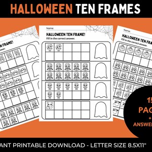 May include: Black and white Halloween-themed ten frames printable worksheets. The worksheets feature illustrations of ghosts, spiders, and other Halloween characters. The text on the worksheets reads "Halloween Ten Frame! Fill in the correct answer." The image also includes the text "15 pages + answer keys."