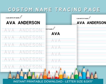 May include: Custom name tracing pages with the name "AVA ANDERSON" printed in black. The pages have lines for tracing the name and individual letters. The text "I CAN WRITE MY NAME" is at the top. Colored pencils are at the bottom.