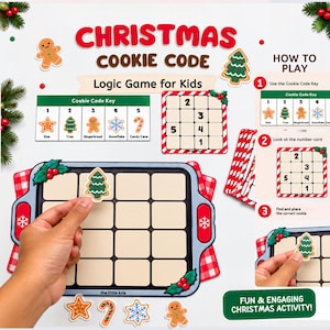 May include: A Christmas Cookie Code logic game for kids featuring a baking sheet board, numbered grid cards, and cookie-shaped tokens including a star, tree, gingerbread person, snowflake, and candy cane, with instructions on how to play.