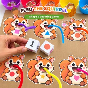 Jeu de formes et de comptage « Nourris l'écureuil », activité imprimable pour la maternelle (automne), motricité fine, association de formes, comptage de 1 à 5, mathématiques pour les tout-petits