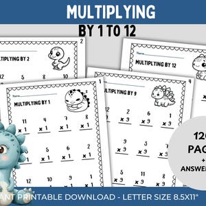Multiplication Worksheet Practice , Multiplication facts 1 to 12, Math Printable Second Grade Multiplication Beginner, Dinosaur Theme Math