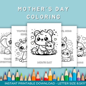 Lindas páginas para colorear de animales de mamá y bebé para niños, colorear el día de la madre, descarga digital, regalo de mamá te amo, artesanía del día de la madre