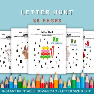 Hoja de trabajo de búsqueda de letras, Buscar alfabeto ABC imprimible, Actividad preescolar A-Z, Reconocimiento de letras en minúsculas, Mayúsculas, Descarga digital