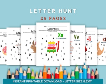 Letter hunt worksheet,Find Alphabet ABC Printable, A-Z Preschool Activity, Letter Recognition Lowercase,Uppercase,Digital download