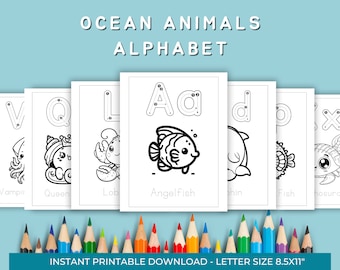 Ocean Animal Alphabet coloring page for kids, preschool worksheet, Kindergarten fun learning,Easy coloring pages for kids, Digital download