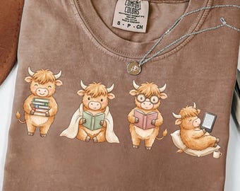 Book Lover Highland Cow Shirt, Comfort Colors® Tee & Sweatshirt, Reading Cow Shirt, Cozy Bookworm Gift, Bibliophile Tee, Gift For Her
