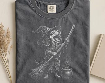 Comfort Colors® Witch Dachshund Shirt, Funny Wiener Dog Witch Tee, Dachshund Halloween Shirt, Dog Mom Witchcore Shirt, Spooky Season Shirt