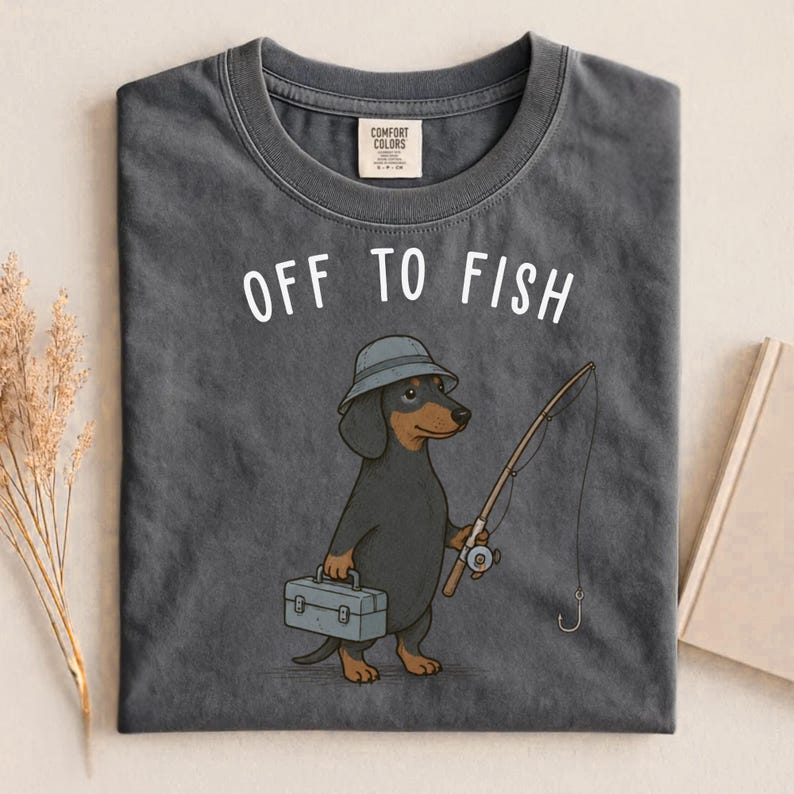 Comfort Colors® Fishing Dad Shirt, Dachshund Fishing Shirt, Fisherman Gift, Wiener Dog Tee, Dog Dad Shirt, Fishing Lover Gift image 1