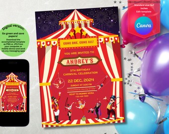 Carnival Birthday Invitation Template for Boys and Girls under 13, Circus Editable Invite - Acrobats and Clowns Themed Celebration