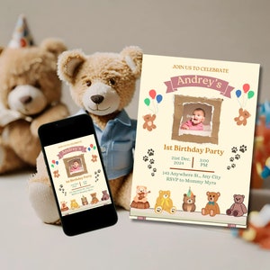1～7歳の男の子向けの誕生日招待状テンプレート。テーマはテディベア。子供/子どものパーティー用の印刷可能で編集可能なパーティーカード。