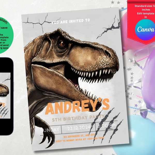 Dino Bash Birthday Invitation Template, T-Rex Party Invitation Printable Template, Editable Dinosaur Birthday Invite
