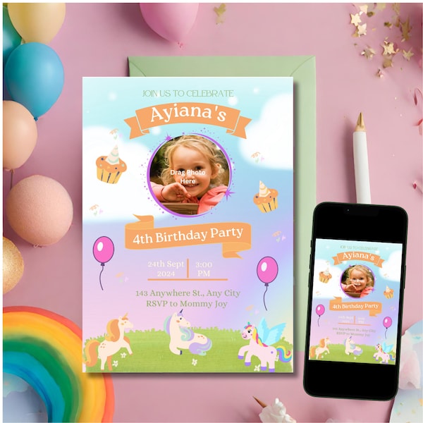 1st, 2nd, 3rd, 4th, 5th, 6th,7th Birthday Invite Template, Unicorn Rainbow theme Easy to Edit Template, Printable Invitation Template