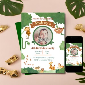 Plantilla de invitación de cumpleaños editable Niños de 1 a 7 años Invitación temática de la selva Descargar tarjeta imprimible Animales de fiesta para niños/niños