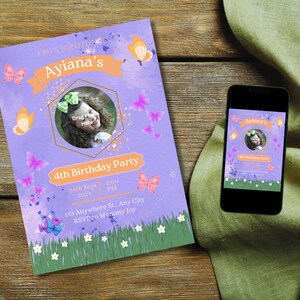 Geburtstagseinladungsvorlage für Mädchen im Alter von 1 bis 7 Jahren unter dem Motto Schmetterling Druckbare und bearbeitbare Partykarte Für Kinder und Familienfeier