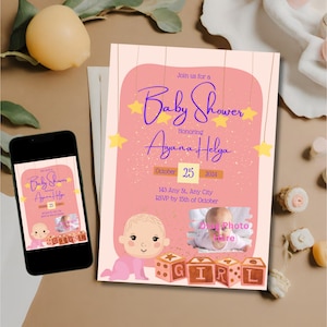 Uitnodigingskaart babyshower voor baby Digitale uitnodigingssjabloon voor dochter Bewerkbare en downloadbare feestuitnodiging thema Sterrennacht
