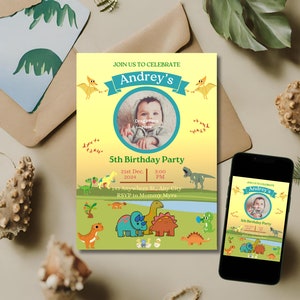 Plantilla de invitación de cumpleaños para niños de 1 a 7 años con temática de dinosaurios Tarjeta de fiesta imprimible y editable para fiesta infantil