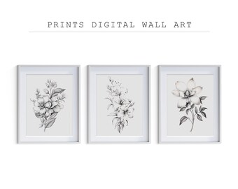 Flower Wall Art Illustration Set of 3, Pencil illustration, black and white, living room Wall Art, Wall Art Print, digital file | 24-64
