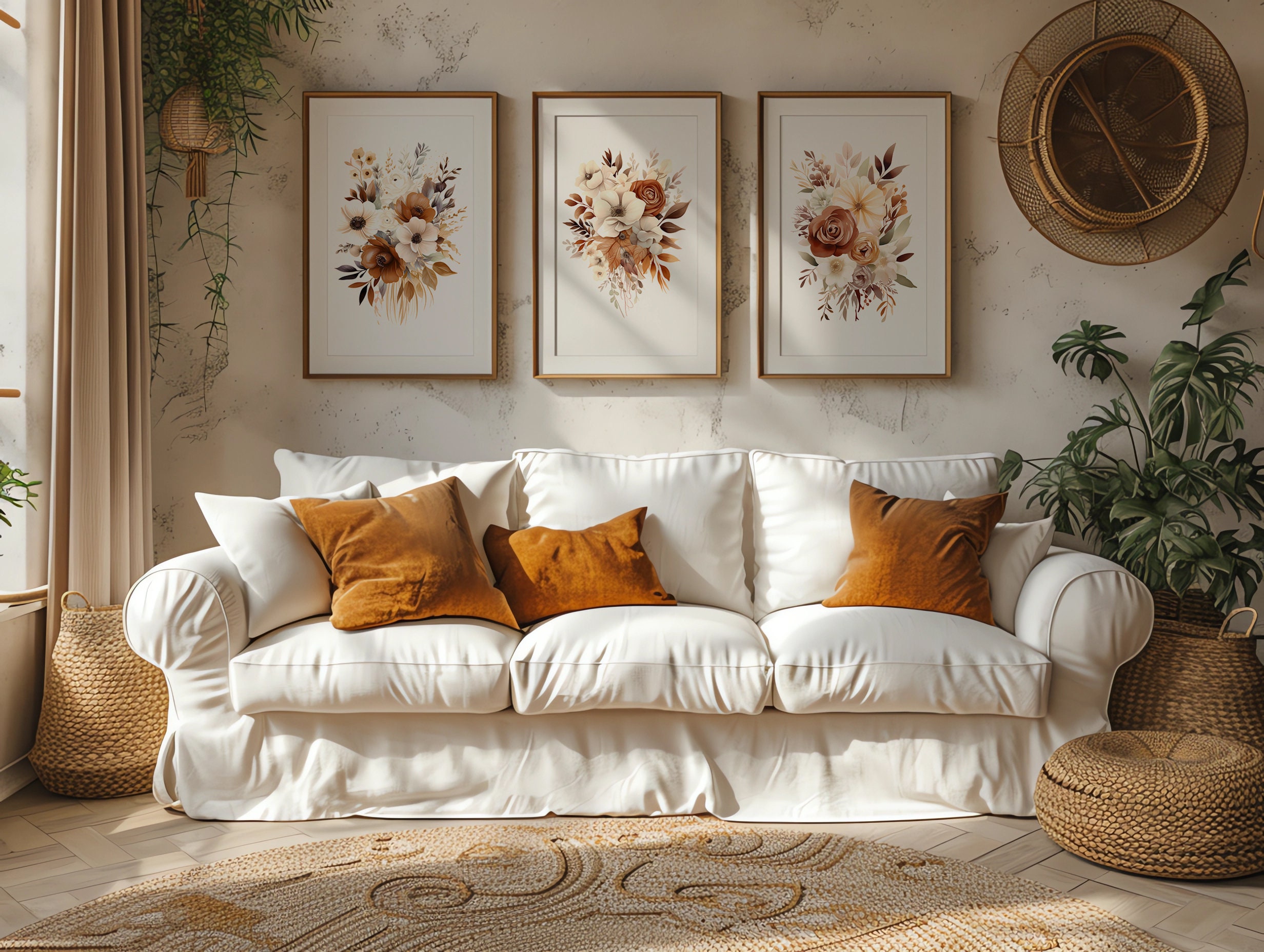 Boho Wildflower Wall Art Set of 3 Printable Watercolor, Vintage Wall ...