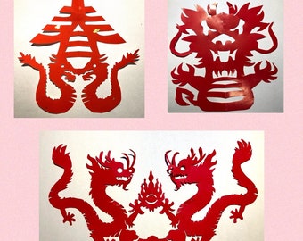 The Year Of The Dragon Paper-cut Templates. 5 different dragon figures.