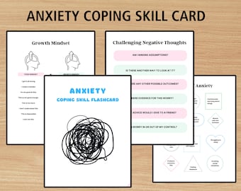 May include: A collection of white cards with black borders, featuring text and graphics related to anxiety coping skills. The cards include titles like "Growth Mindset" and "Challenging Negative Thoughts," with a central card displaying "ANXIETY COPING SKILL FLASHCARD."