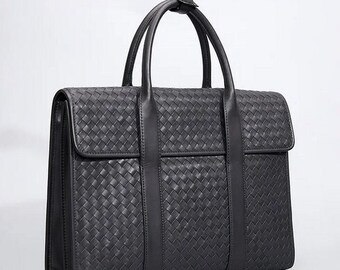 woven leather briefcase/laptop bag/business bag/office bag/business travel bag/school laptop bag/women/men briefcase/handmade office bag