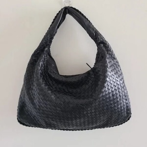 Woven leather hobo bag/women large capacity bag/handmade women bag/everyday bag/women leather handbag/shoulder bag/ Czarny