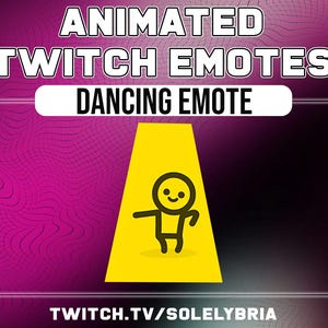 Puede incluir: Gráfico de emotes animados de Twitch con el texto "DANCING EMOTE" en una pancarta blanca. Un foco amarillo ilumina una figura de palo bailando con una cara sonriente. El fondo es un degradado de morado y negro.