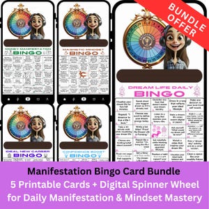 Puede incluir: Un conjunto de cinco tarjetas de bingo de manifestación imprimibles y una rueda de ruleta digital. Las tarjetas presentan fondos coloridos y están diseñadas para la manifestación diaria y el dominio de la mentalidad. Las tarjetas incluyen títulos como "Manifestación de dinero", "Mentalidad magnética", "Carrera nueva ideal", "Impulso de confianza" y "Vida de ensueño diaria".