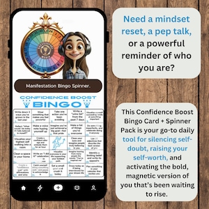 May include: A digital illustration of a cartoon character with headphones on, spinning a wheel with the words "Successful Media" on it. The wheel is labeled "Manifestation Bingo Spinner". The text "Confidence Boost Bingo Card + Spinner Pack is your go-to daily tool for silencing self-doubt, raising your self-worth, and activating the bold, magnetic version of you that's been waiting to rise." is also on the image.