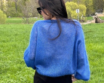 Super Kid Mohair Cardigan (Hand-Knitted, Blue)