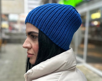 Merino wool winter hat (hand knitted, blue) 2